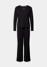 Čierny set na voľný čas pozostávaj�úci z dlhého rukáva s okrúhlym výstrihom a voľných nohavíc. Mäkká tkanina; na prednej strane vrchného dielu je malý nápis "BOSS".