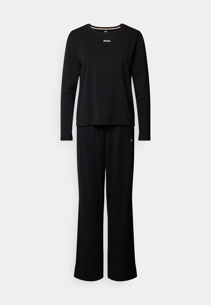 Set de haine casual negre, format dintr-un top cu mâneci lungi și guler rotund și pantaloni largi. Material moale; topul are un mic logo "BOSS" pe piept.