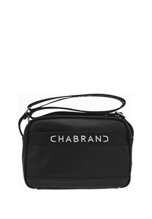 Sac bandoulière noir en matériau lisse, arborant un logo blanc sur une bande horizontale, avec une sangle réglable et une forme rectangulaire.