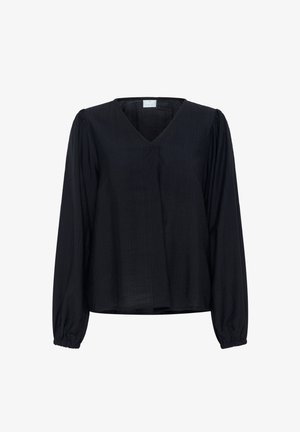 Crna bluzica od lagane tkanine s V-izrezom, dugim napuhanim rukavima i nabranim manžetama. Opušteni kroj s suptilnom teksturom.