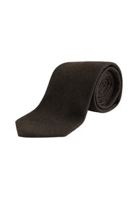 Tumši brūns kaklasaites, izgatavota no strukturēta auduma, ar šauru dizainu un saplacinātu galu, sakārtota kārtīgi glabāšanai.