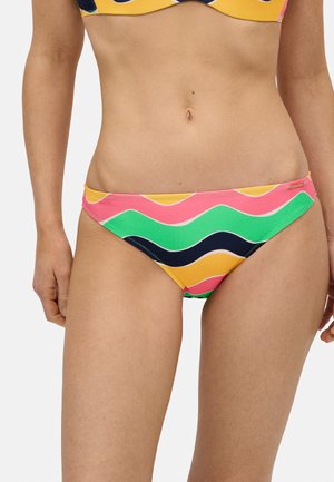 Parte inferior de bikini con patrones ondulados coloridos en rosa, verde, amarillo y azul marino. Hecha de una tela elástica y suave con un corte bajo.