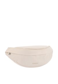 Beige Bauchtasche aus strukturiertem Nylon mit geschwungener Form, ausgestattet mit Reißverschluss und dezenten Logo-Details auf der Vorderseite.