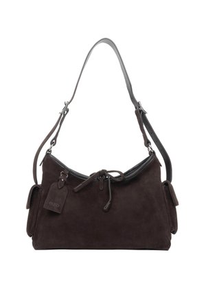 Ciemnobrązowa zamszowa torba na ramię z regulowanym paskiem, ozdobą z przodu w formie wiązania, bocznymi kieszeniami z klapkami oraz przymocowaną metką marki.