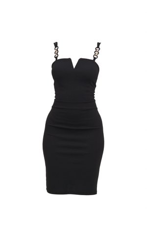 Abito nero aderente con scollatura profonda, spalline regolabili con dettagli circolari e silhouette a bodycon. Tessuto con una texture liscia.