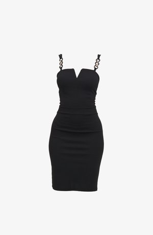 Černé upnuté šaty s hlubokým výstřihem, nastavitelné ramínka s kruhovými akcenty a silueta bodycon. Hladká textura látky.