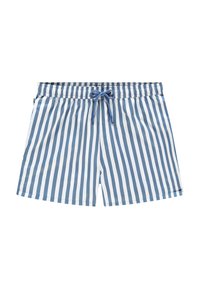Costum de baie cu dungi albastre și albe, cu talie elastică și șnur. Materialul are o textură netedă și un design cu o croială confortabilă.
