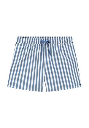 Blue and white striped swim shorts with an elastic waistband and drawstring. The fabric has a smooth texture and a relaxed fit design.