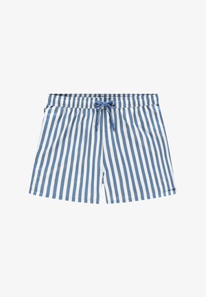 Sinine ja valge triibuline ujumispüks, millel on elastne vöökoht ja nöör. Kangas on sileda tekstuuriga ja lõdva istuvusega disain.