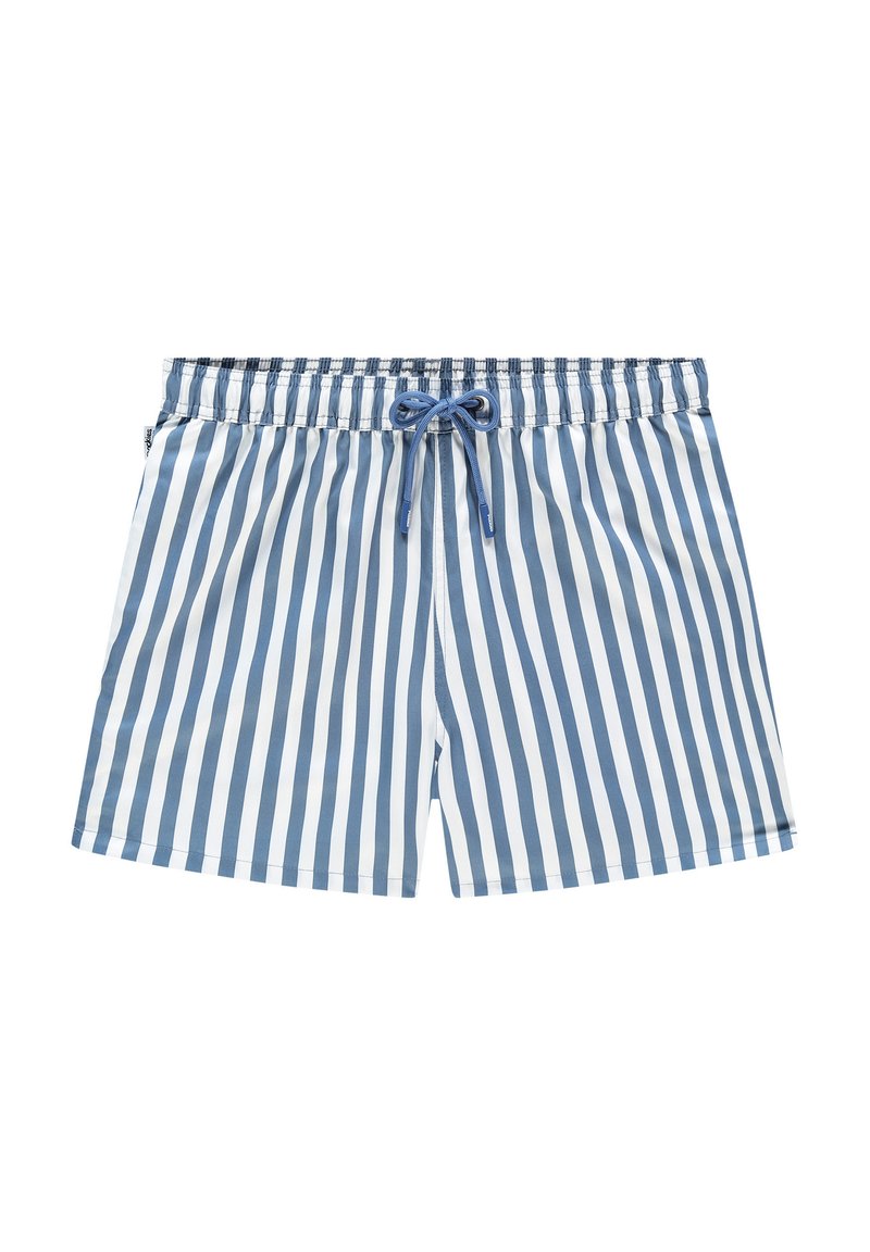 Costum de baie cu dungi albastre și albe, cu talie elastică și șnur. Materialul are o textură netedă și un design cu o croială confortabilă.