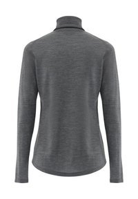 Graues Langarmoberteil mit einem Stehkragen, glatter Textur und abgerundetem Saum. Verfügt über dezente Nähte entlang der Schultern und Ärmel.