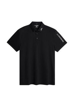Sort polo skjorte lavet af glat stof, med en klassisk krave, tre-knaps lukning og hvide logo detaljer på kraven og ærmet.