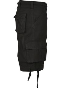 Svarta cargo-shorts knälånga med flera fickor med klaff och dragsko nederst, visade i sidovy.