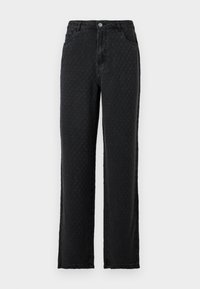 Black textured wide-leg jeans with front pockets and a button closure on a plain background.