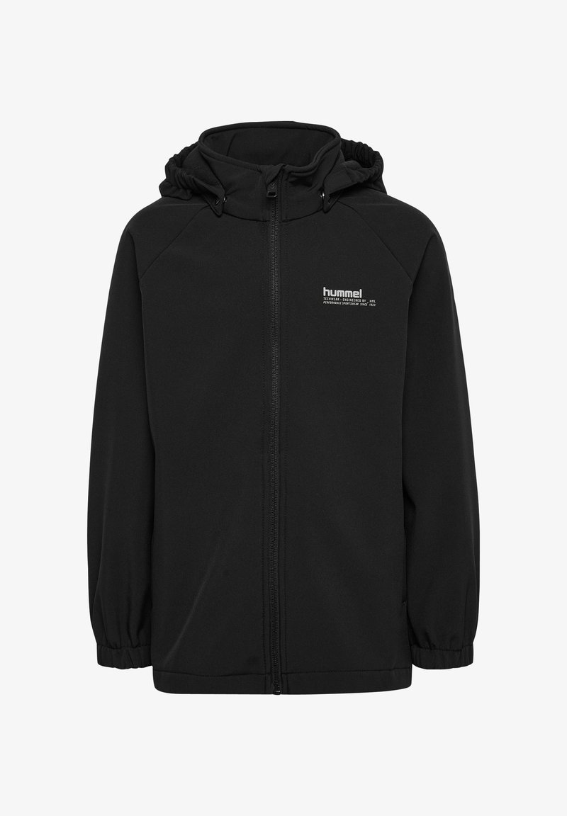 Zwarte hooded jas met rits, elastische manchetten en een klein wit "hummel"-logo op de linkerborst, ontworpen voor casual of sportief gebruik.