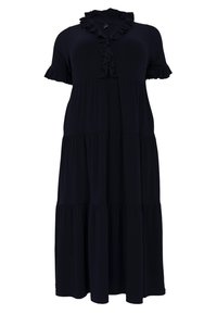 Navyblaues Maxikleid aus weichem Stoff, mit rüschem Ausschnitt, kurzen Ärmeln und schichtweise gestaltetem Rock für zusätzlichen Volumen.