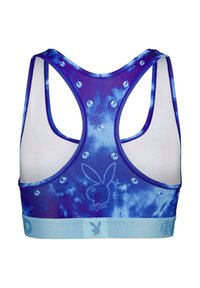 Lilla tie-dye spordirinnahoidja racerback disainiga, mida kaunistavad läikivad sinised aktsendid ja logo. Pehme kangas koos elastse ribaga all.