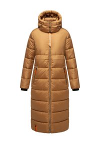 Brown, long puffer coat with a high collar, zip front, side pockets, and contrasting orange accents. Features a quilted texture and elongated shape.