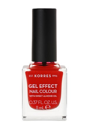 Flacon de vernis à ongles effet gel rouge avec bouchon noir étiqueté Korres, contenant 11 ml avec de l'huile d'amande douce.