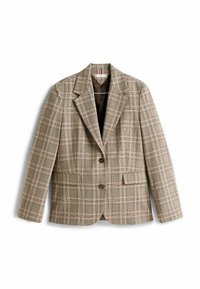 Blazer à carreaux beige avec un motif quadrillé marron, rose et vert. Il présente un col cranté, une fermeture à boutons et des poches avant.