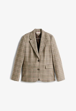 Karierter Blazer in Beige mit braunem, rosa und grünem Karomuster. Verfügt über einen Reverskragen, Knopfverschluss und vordere Taschen.