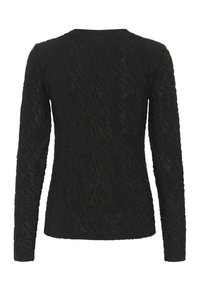 Sort langærmet top med et tekstureret mønster, rund halsudskæring og en tætsiddende silhuet. Stoffet ser let ud med en subtil glans.