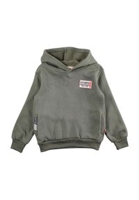 Sweat à capuche vert en tissu doux, avec une poche avant, des poignets côtelés et une écusson logo sur la poitrine. Design simple et décontracté.