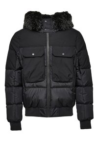 Schwarze Steppjacke mit einem mit Fell gefütterten Kapuzenkragen, zwei vorderen Klappentaschen und gerippten Bündchen. Verfügt über eine glatte, glänzende Oberfläche und Reißverschluss.