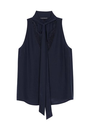 Marineblaue ärmellose Bluse mit hohem Kragen, ausgestattet mit einer Satin-Schleife am Hals und Spitzeneinsätzen an den Seiten, glatte Stoffstruktur.