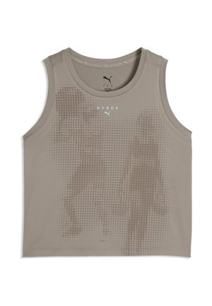 Débardeur de sport beige avec motif à pois de deux coureurs, logos HYROX et Puma sur la poitrine.