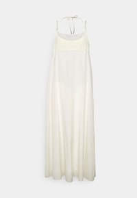 Robe maxi blanche sans manches avec des bretelles spaghetti et un détail de lien au dos, présentée sur un fond clair uni.