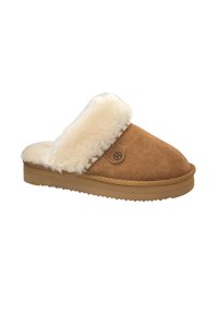 Brune ruskinds slip-on slippers med blød hvid faux fur-foring, flad gummisål og et rundt logo på siden. Afslappet og hyggelig design.