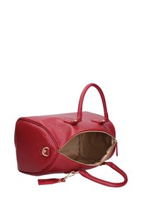 Borsa a tracolla in pelle rossa con chiusura a zip, due manici e un interno beige. Presenta una superficie testurizzata, dettagli in metallo dorato e un design spazioso.