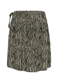 Beige- und schwarze Röcke mit Zebra-Muster aus strukturiertem Stoff. Verfügt über einen elastischen Bund mit Kordelzug zur Anpassung.