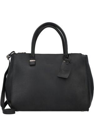 Sac à main en cuir noir avec des poignées rondes, une fermeture éclair et une bandoulière amovible. Il comporte une petite étiquette en cuir attachée.