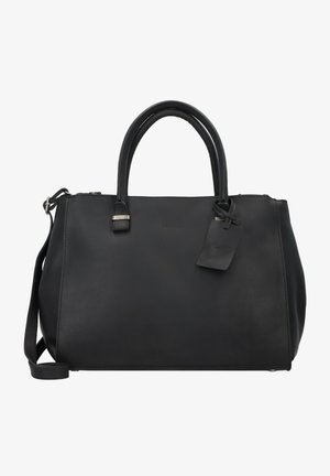 Zwarte leren handtas met ronde handvatten, een ritssluiting en een afneembare schouderriem. Voorzien van een klein leren label.