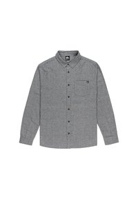 Gray, long-sleeve button-up shirt made of textured fabric. Features a single chest pocket and brown buttons on the front.
