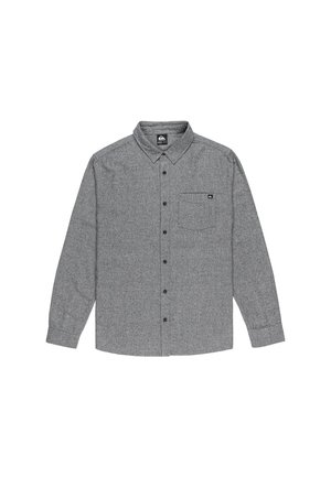 Gray, long-sleeve button-up shirt made of textured fabric. Features a single chest pocket and brown buttons on the front.