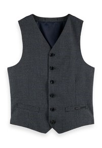 Gilet a quadri grigio scuro con cinque bottoni neri e due tasche a filetto frontali, foderato internamente con tessuto solido scuro.