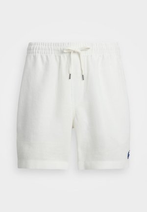 Weiße Shorts mit elastischem Bund, Kordelzug und kleinem blau besticktem Logo am unteren linken Bein.