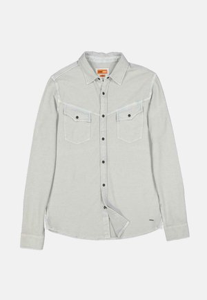 Light gray long-sleeve shirt with button-up front, two chest pockets, black buttons, and contrasting stitching on collar and cuffs.