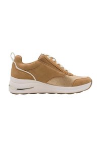 Tan and beige sneaker with white laces, thick white sole, metallic accent on heel, and pull tab on the back.