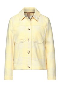 Gul rutigt jacka med krage, två bröstfickor och knappstängning. Strukturerad tyg med subtila vita linjer genom hela.