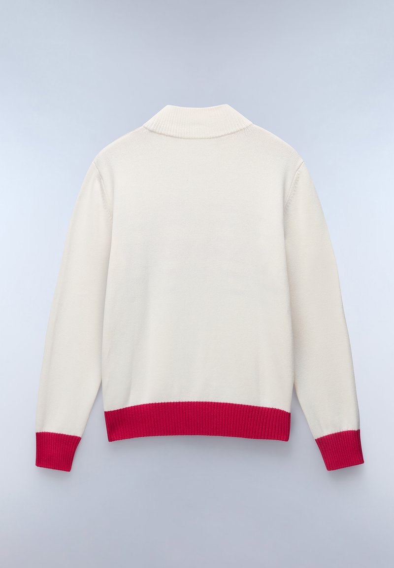 Sweter dzianinowy w kremowym kolorze z czerwonym ściągaczem u dołu i na mankietach. Posiada kołnierz i długie rękawy. Gładka tekstura i klasyczny design.