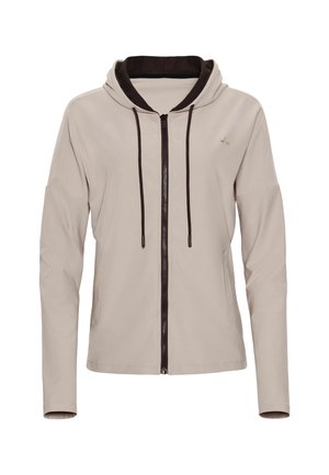 Beige zip-up hoodie with black inner lining, black drawstrings, long sleeves, side pockets, and small gold logo on chest.