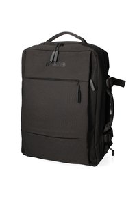 Zaino in tessuto nero di forma rettangolare, con due scomparti con zip, spallacci imbottiti e tasca frontale con zip.