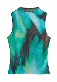 Sleeveless top in green and black abstract print. Made of smooth fabric with a fitted design and a round neckline. Lightweight and breathable texture.
