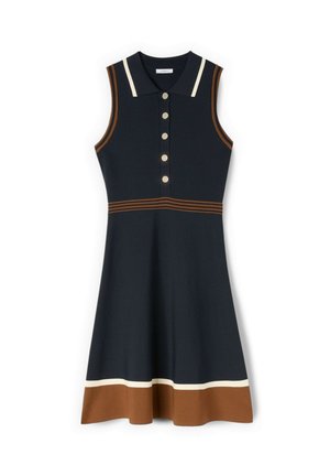 Robe sans manches bleu marine avec des rayures marron et blanches au col, à la taille et à l'ourlet, avec un devant boutonné et une jupe évasée.