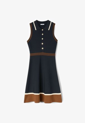 Robe sans manches bleu marine avec des rayures marron et blanches au col, à la taille et à l'ourlet, avec un devant boutonné et une jupe évasée.