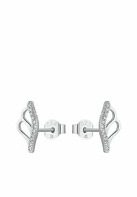 Silverörhängen med böjd design, prydda med små klara stenar längs framkanten.